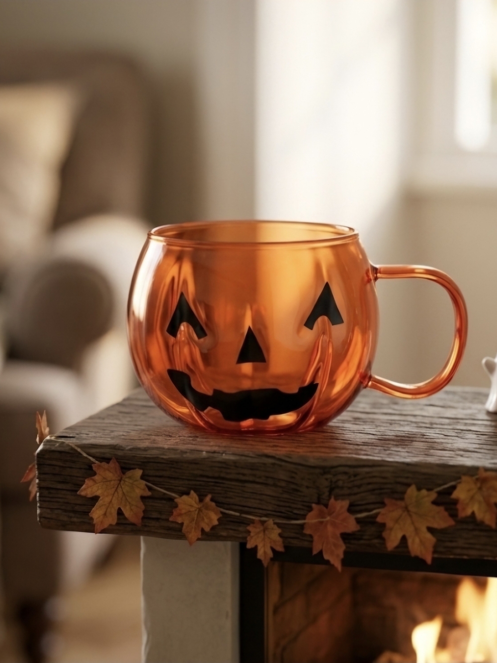 Set Of 2 Orange Jack-O'-Lantern Glass Mug - Halloween Coffee Cup
